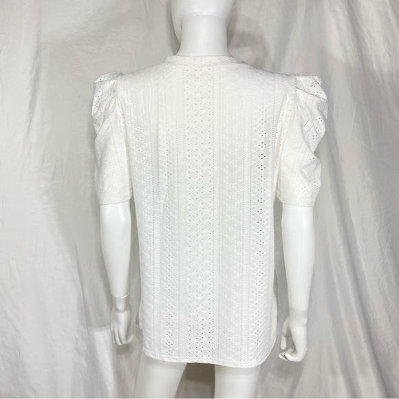Women’s White Puff Short Sleeve Eyelet Hollow Out V-Neck Top - Picture 4 of 8
